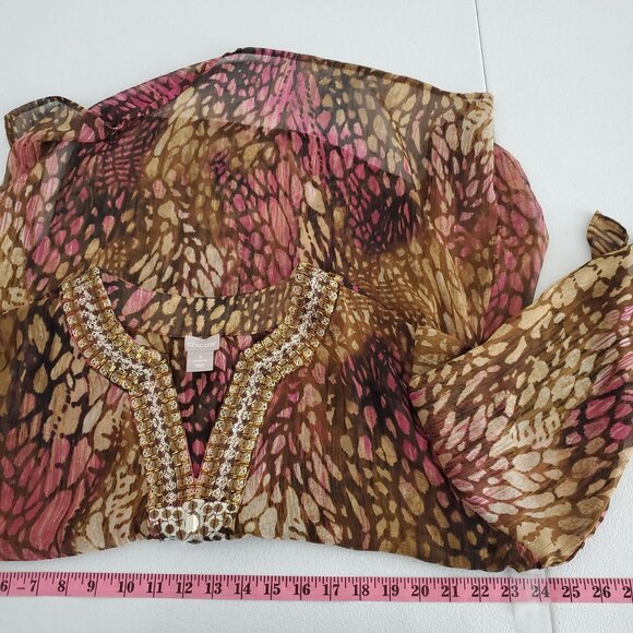 Chicos Womens Beaded Animal Print Tunic Top Size 16 Embellished Neckline Sheer - Picture 8 of 10